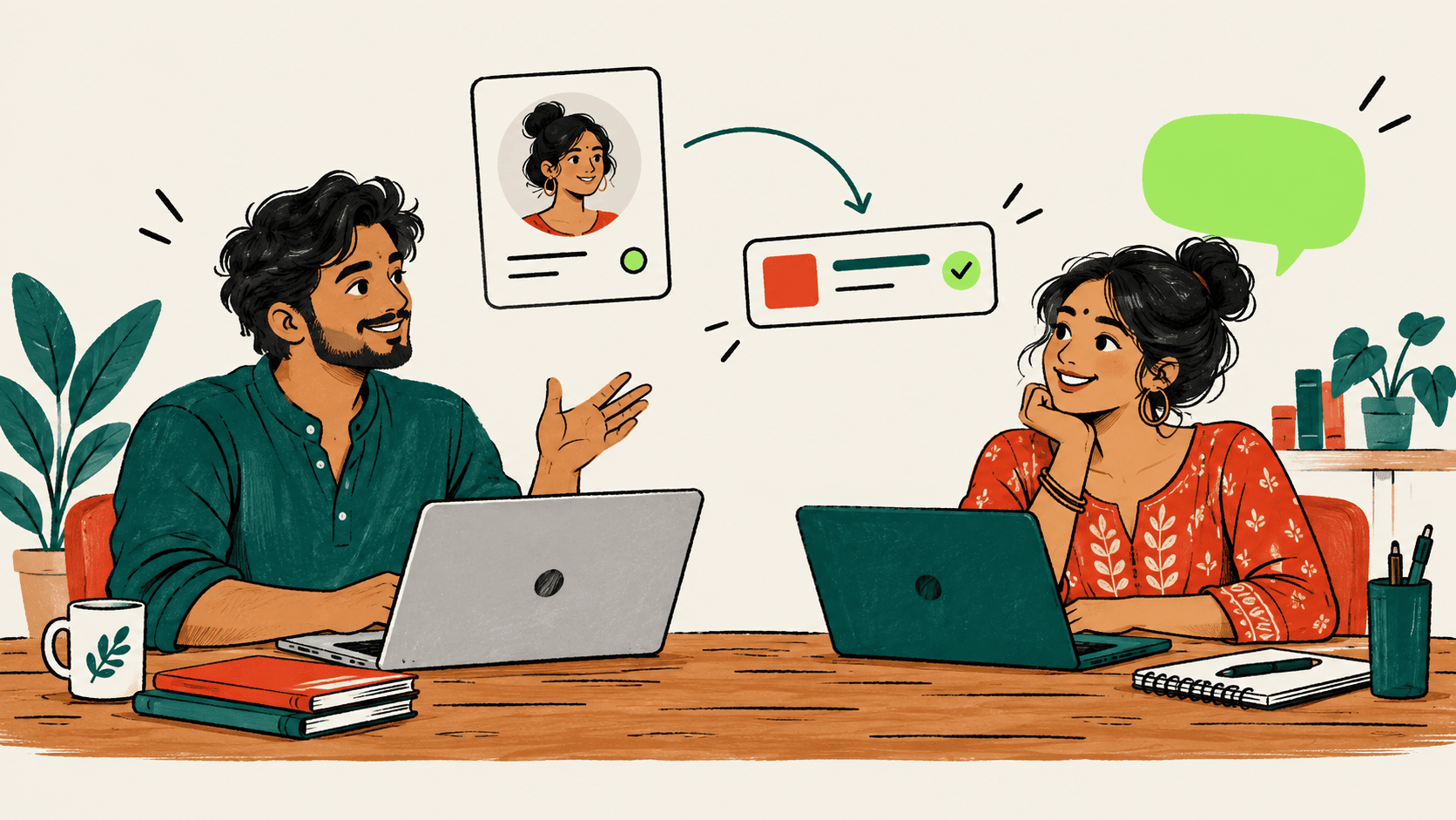 Hand-drawn Porishrom freelancer and client collaborating over project work