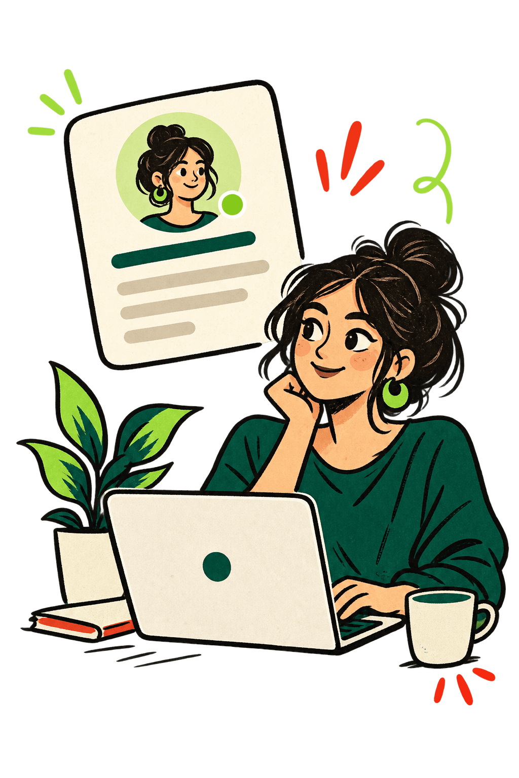 Hand-drawn freelancer creating a professional profile on a laptop